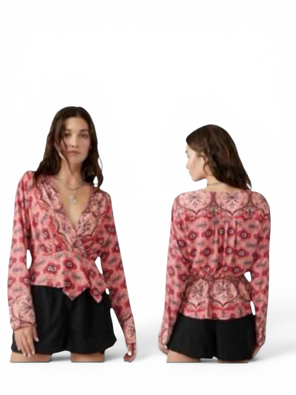 Free People Coral Red Floral Wrap Blouse. Size S